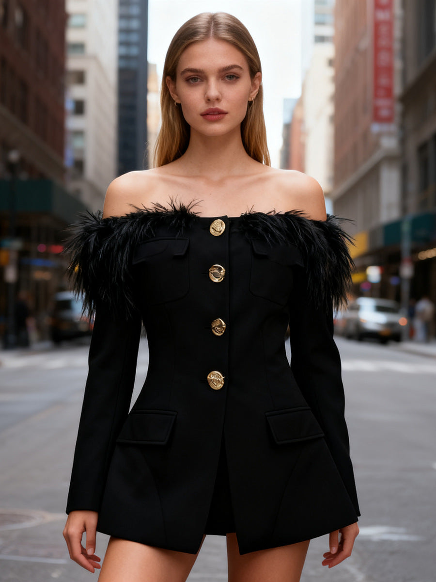 One shoulder feather metal buckle decoration waist cinching long sleeved jacket for women