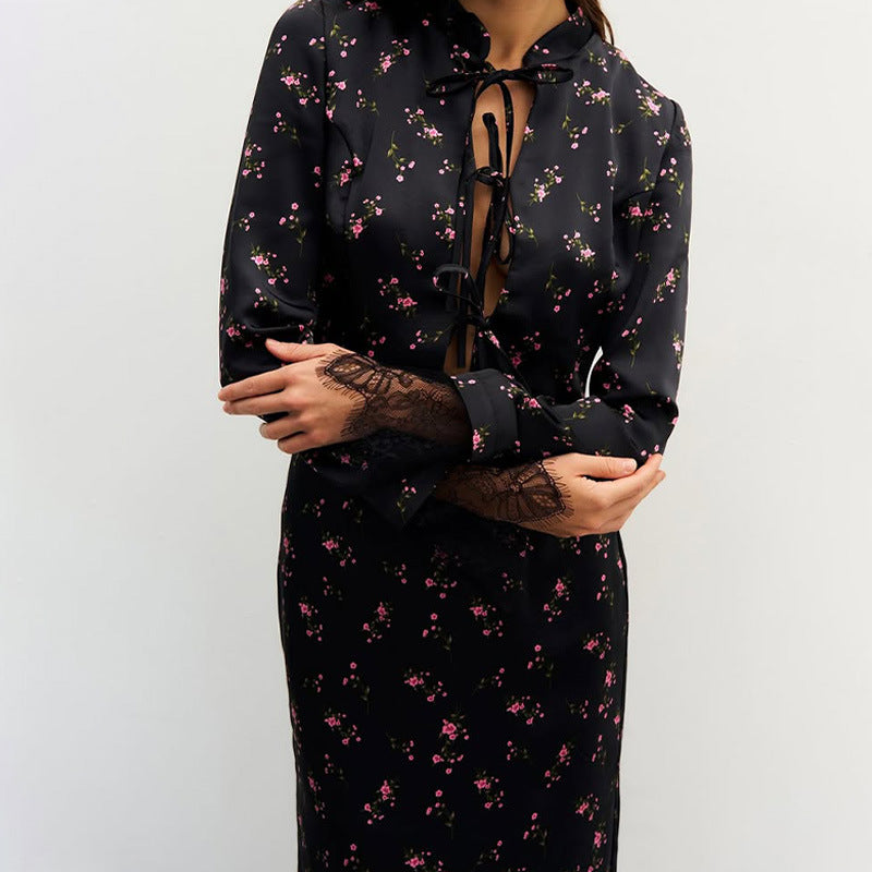 Printed long sleeved tied cardigan top with lace patchwork slit skirt set for women