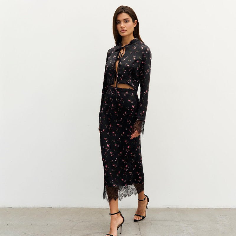 Printed long sleeved tied cardigan top with lace patchwork slit skirt set for women