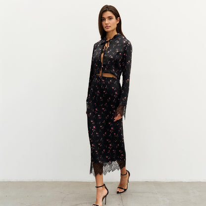 Printed long sleeved tied cardigan top with lace patchwork slit skirt set for women