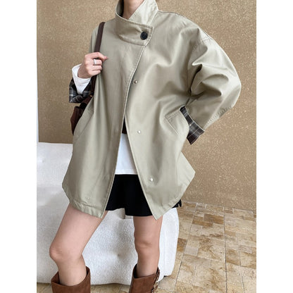 Contour stand up collar plaid contrasting patchwork windbreaker jacket