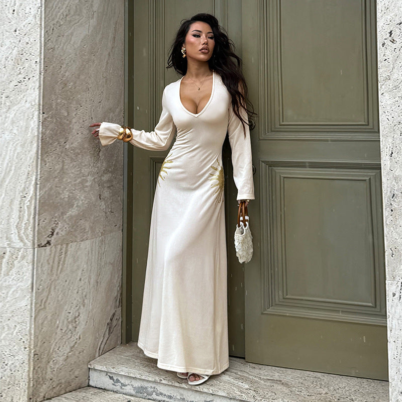 Long sleeved knitted sexy slim fit long skirt