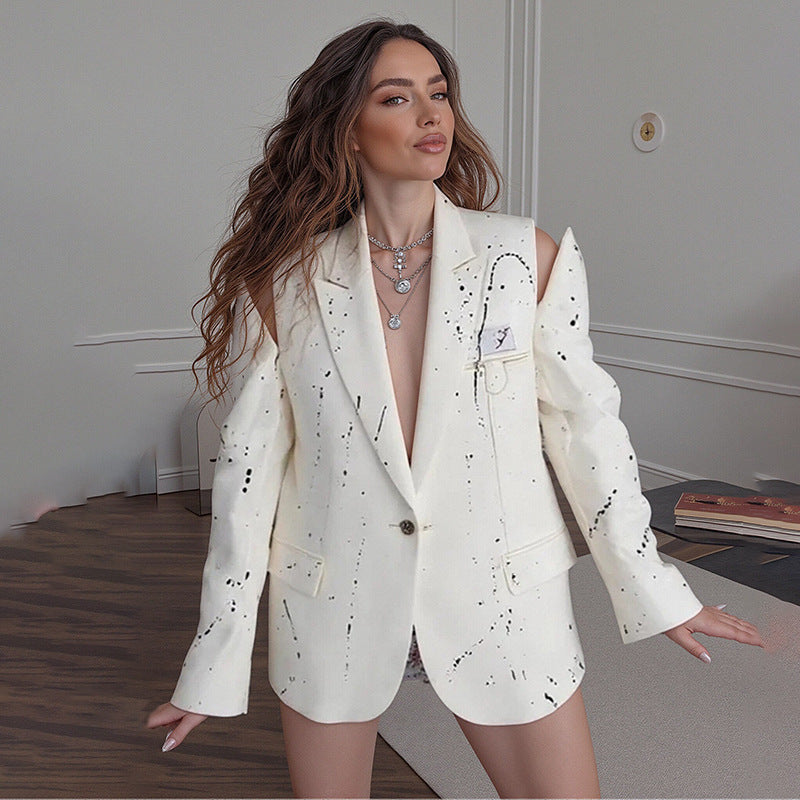 Hollow out printed straight button mini suit