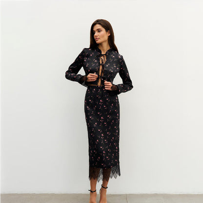 Printed long sleeved tied cardigan top with lace patchwork slit skirt set for women