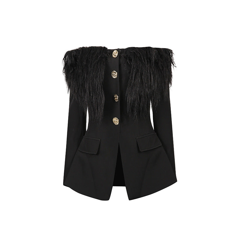 One shoulder feather metal buckle decoration waist cinching long sleeved jacket for women