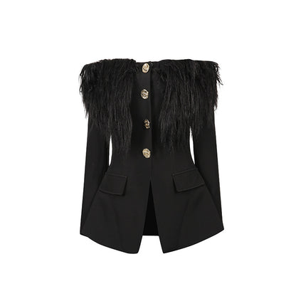 One shoulder feather metal buckle decoration waist cinching long sleeved jacket for women