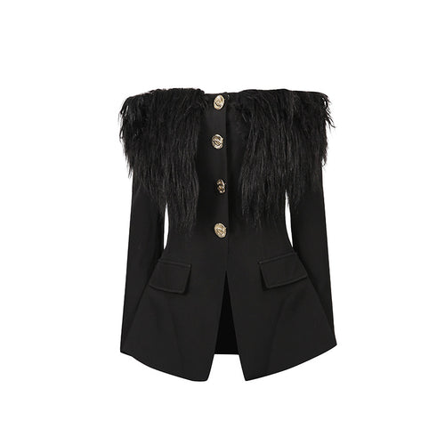 One shoulder feather metal buckle decoration waist cinching long sleeved jacket for women