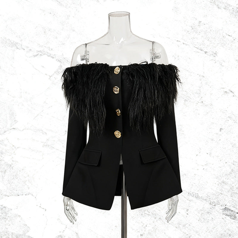 One shoulder feather metal buckle decoration waist cinching long sleeved jacket for women