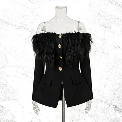 One shoulder feather metal buckle decoration waist cinching long sleeved jacket for women