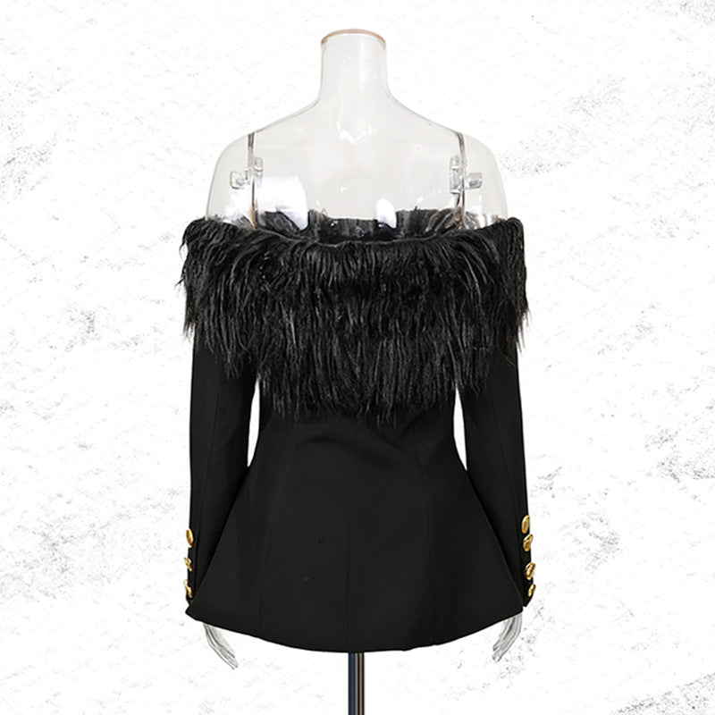 One shoulder feather metal buckle decoration waist cinching long sleeved jacket for women