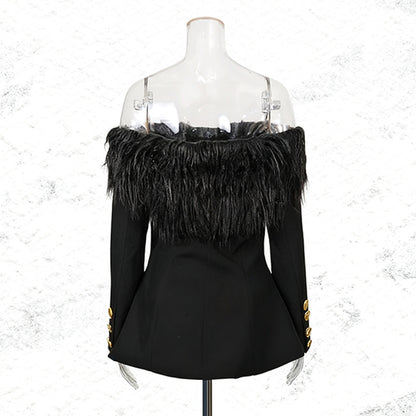 One shoulder feather metal buckle decoration waist cinching long sleeved jacket for women
