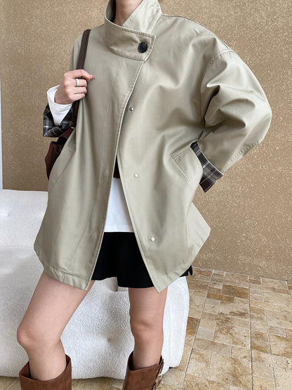 Contour stand up collar plaid contrasting patchwork windbreaker jacket